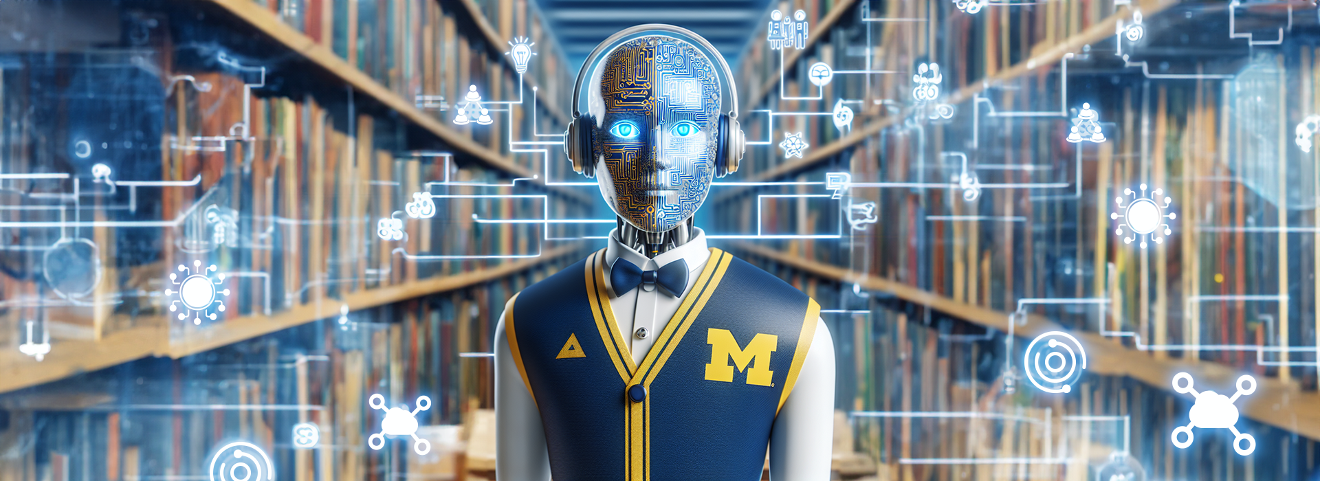AI robot with a U-M vest on standing in the U-M library.