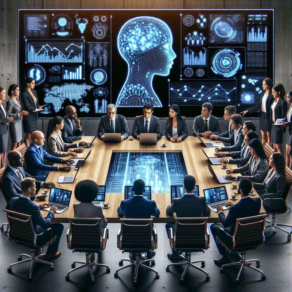 Large conference room table with CIOs filling the seats. A large AI bot is projected on the wall behind the table. 