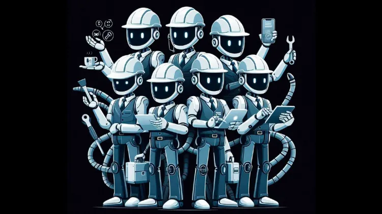 Image depicts seven AI Robots holding different tools and mobile devices appearing to work on applications for those mobile devices. 