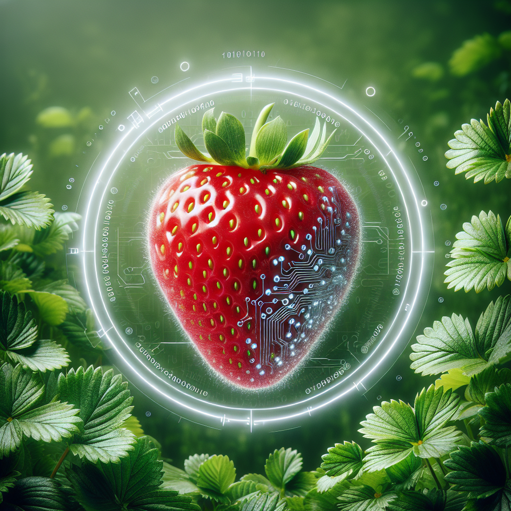 he image depicts a vibrant red strawberry with green leaves, encased in a futuristic digital interface to represent artificlligence.ial inte