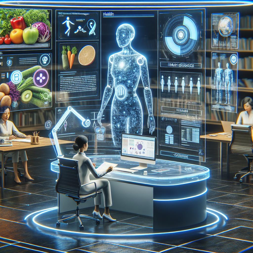 A futuristic office setting where scientists and researchers are working with advanced AI bots. The central focus is a female researcher analyzing data on a transparent screen showing a human figure with various health metrics and diagrams.