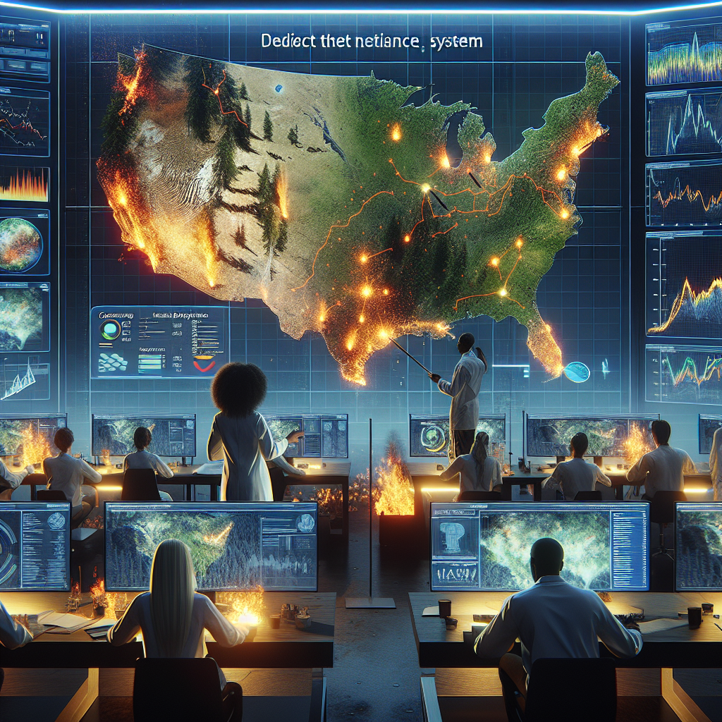 A high-tech command center is shown, where scientists and analysts are monitoring a large digital map of the United States. The map displays various points of interest with bright lights and indicators, possibly representing areas of activity or concern. 