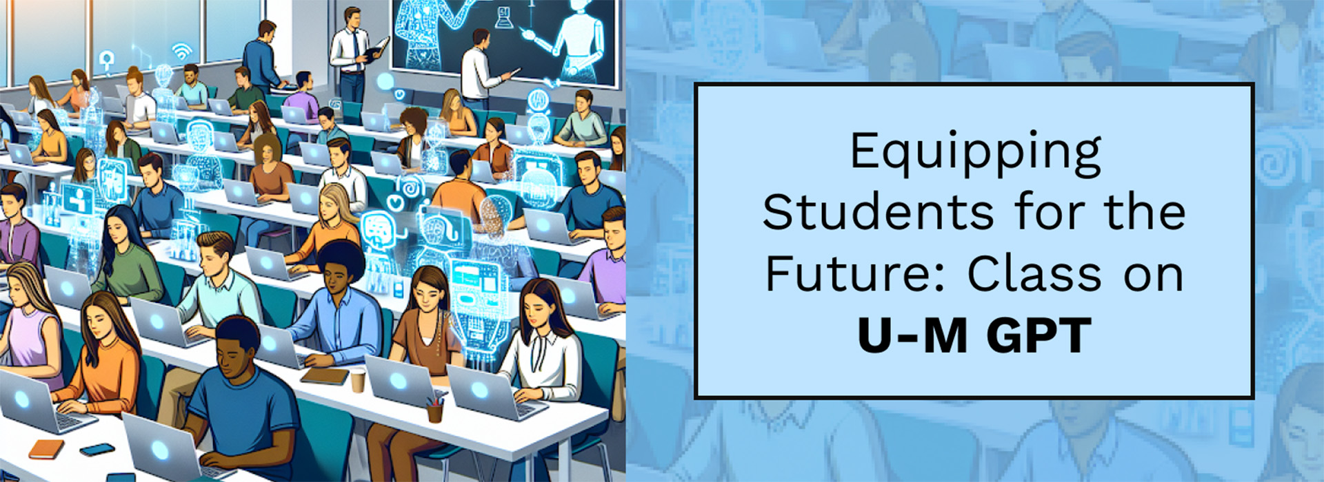 A modern classroom filled with students actively engaged in learning. The students are using laptops, and the classroom features digital holograms of AI-related icons and graphics surrounding the students, symbolizing their interaction with AI and technology. 