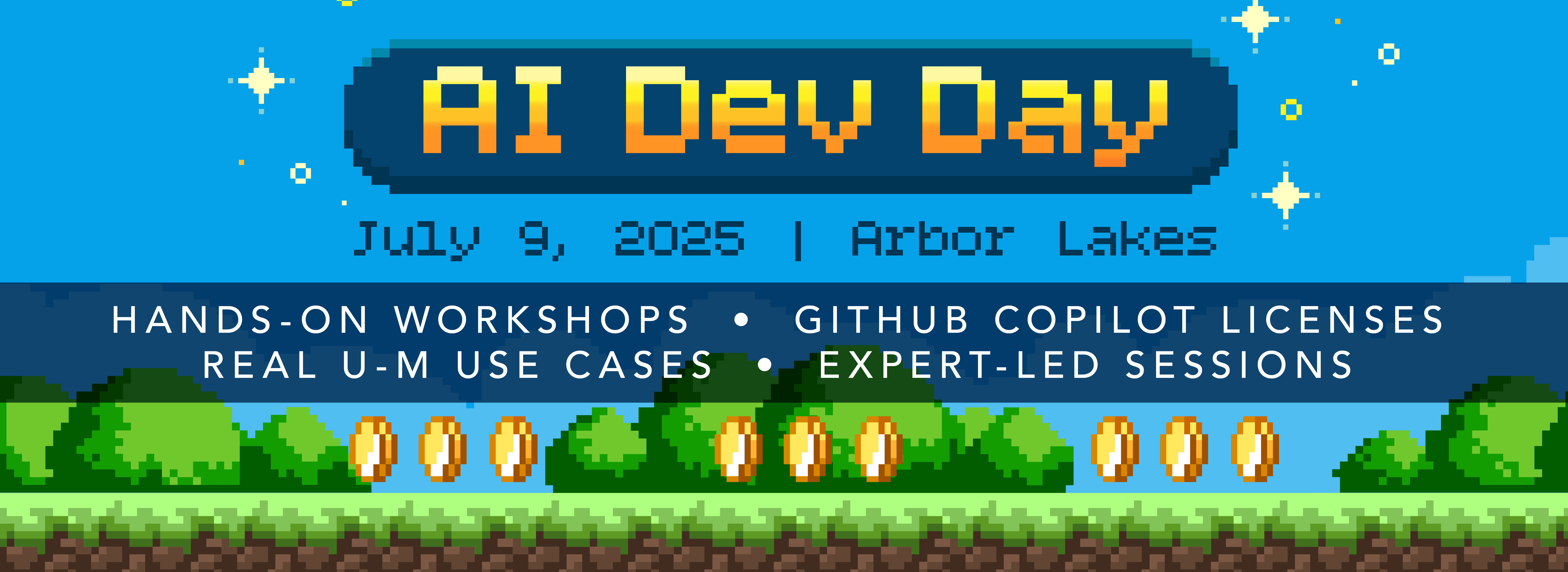 AI Dev Day: blue sky and green grass with gold coins in 8-bit video game style
