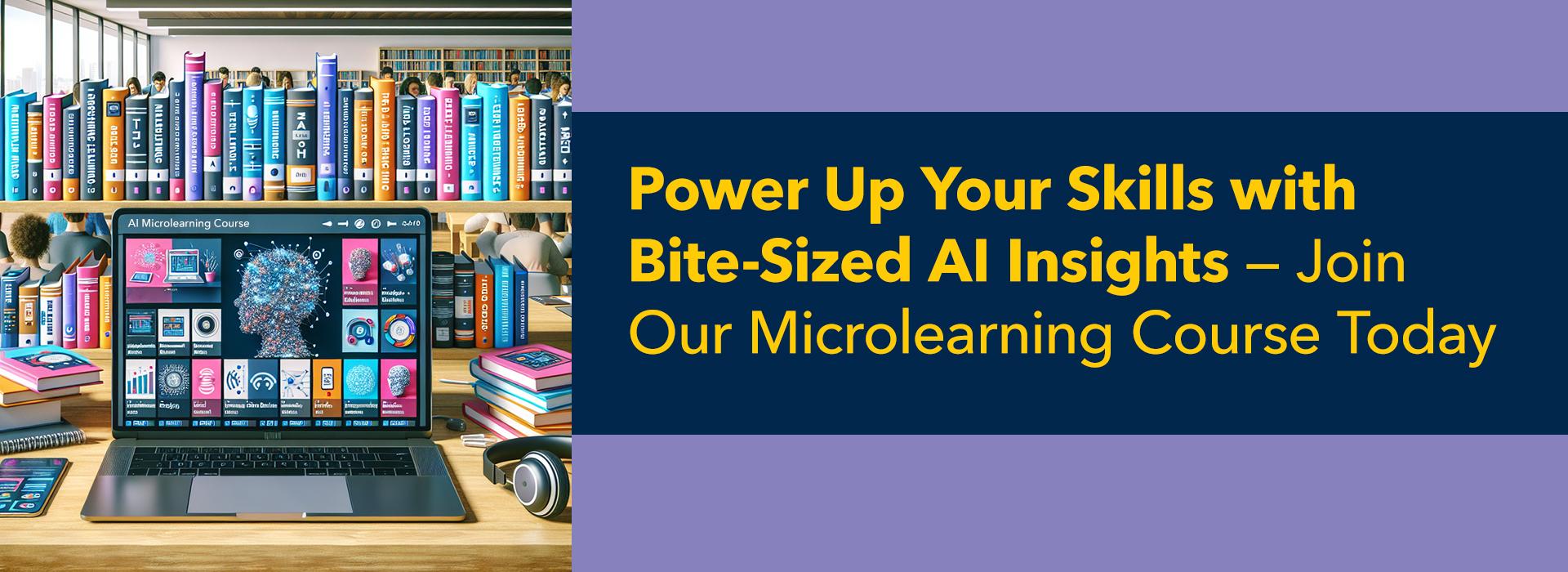 a vibrant promotional banner for an AI microlearning course. The left side of the banner features a realistic depiction of a modern, organized desk in a library or study space, with a laptop open in the foreground. 