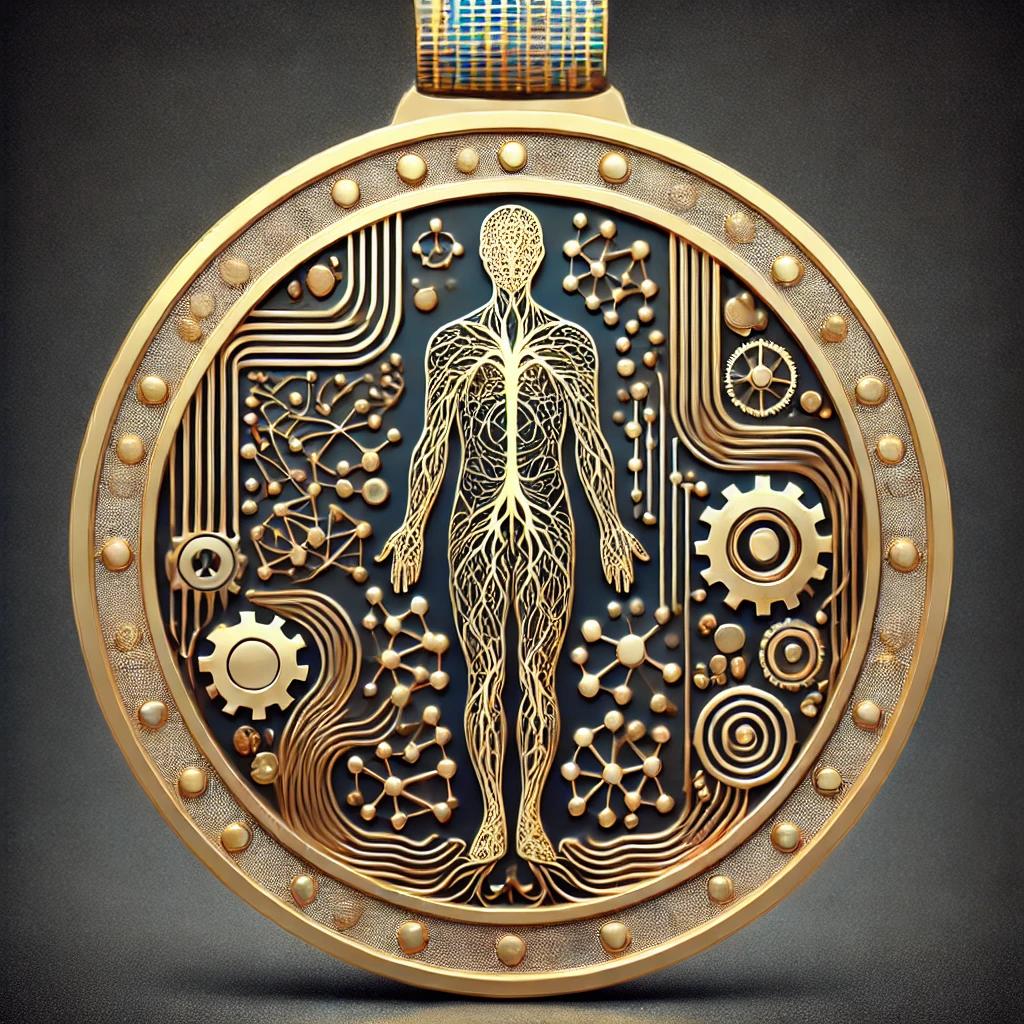 This image depicts an artistic illustration resembling a Nobel Prize medal. The design features a central figure of a human body, intricately detailed with patterns resembling neural networks, circuits, and mechanical gears, symbolizing the intersection of biology, technology, and artificial intelligence.