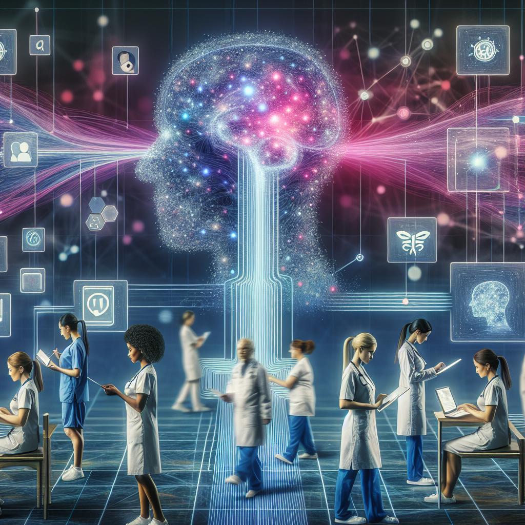 This image features a large digital representation of a human brain, with vibrant neural connections and data streams flowing outwards, symbolizing the integration of technology and human cognition. Nurses and doctors are walking around the large centered brain. 