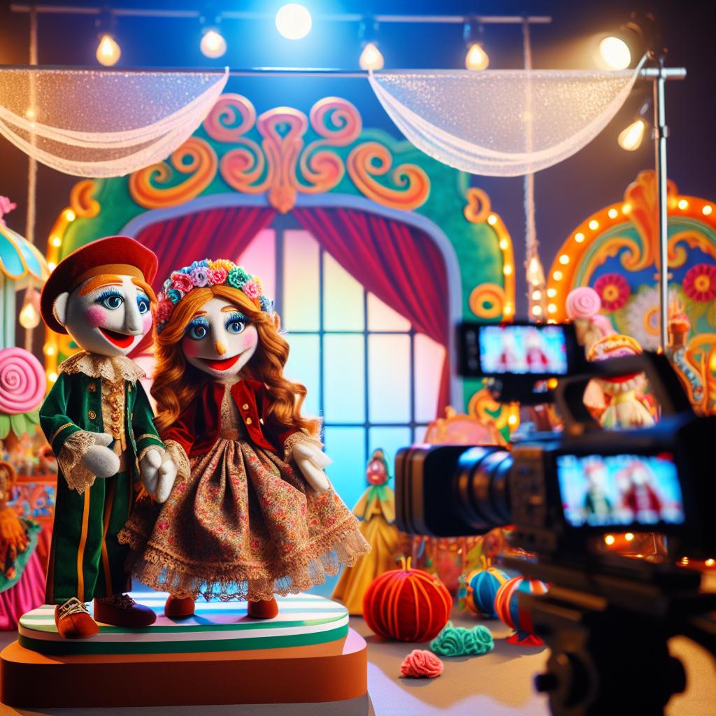 This image shows two puppet characters dressed in vibrant, traditional costumes standing on a colorful stage set. 