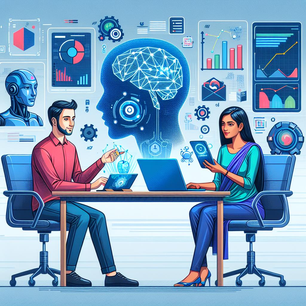  A man and a woman are sitting at a desk, both engaged with digital devices—a laptop, tablet, and smartphone. They appear to be discussing or working on a project involving artificial intelligence and data analysis. In the background, there are futuristic graphics and holographic elements, including a digital representation of a brain symbolizing AI, various charts with data visualizations, and icons representing machine learning and robotic processes. 