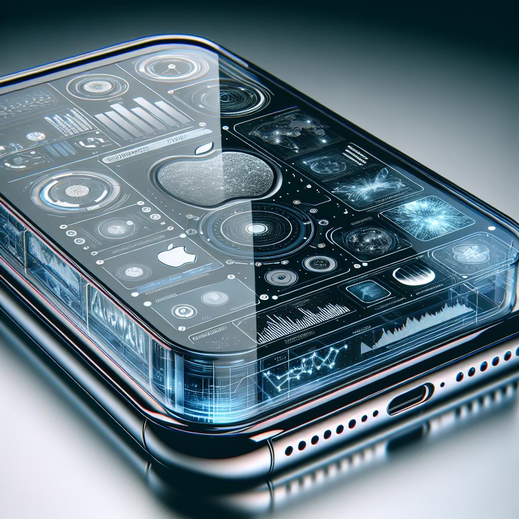 This image shows a sleek smartphone with a futuristic design, featuring a transparent display revealing a complex array of digital interface elements and data visualizations. The screen includes various high-tech widgets and icons, such as graphs, analytics, and control panels, all rendered with a glowing, holographic style.