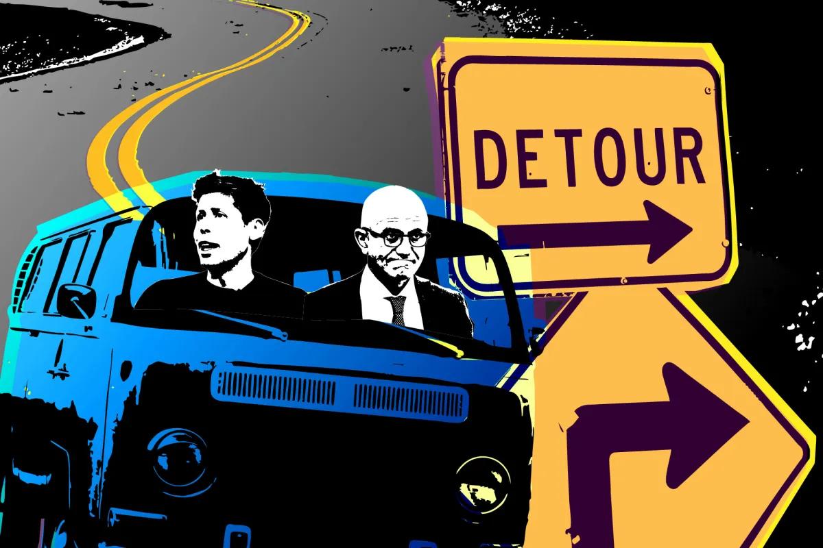 This is an illustration showing two individuals, depicted inside a colorful van, driving on a winding road. To the right, there is a bright yellow "Detour" sign with an arrow pointing right, indicating a change in direction. The road and sign suggest navigating challenges or unexpected changes.