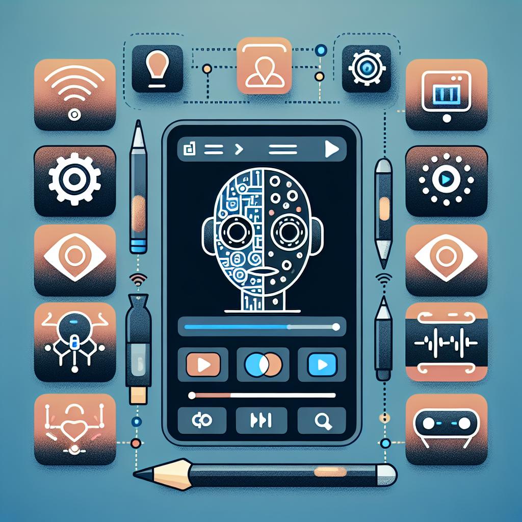 Illustration of a smartphone interface surrounded by various app icons and tools related to artificial intelligence and technology. The screen displays a stylized robot face split into two halves, representing digital and mechanical elements. Surrounding the screen are icons for different functions, including gears, light bulbs, a heart, play buttons, and audio waveforms. 