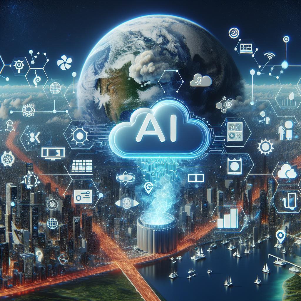 An artistic digital illustration of artificial intelligence (AI) represented by a glowing cloud icon surrounded by various technology symbols, overlaid on a futuristic cityscape with a connected Earth in the background, depicting global connectivity and innovation.