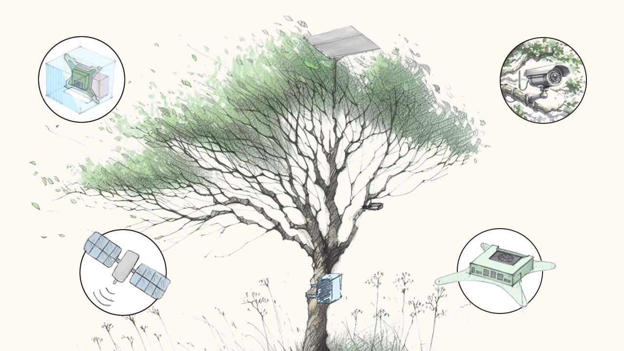 a hand drawn tree with technology attached such as a satellite, camera, and harddrive