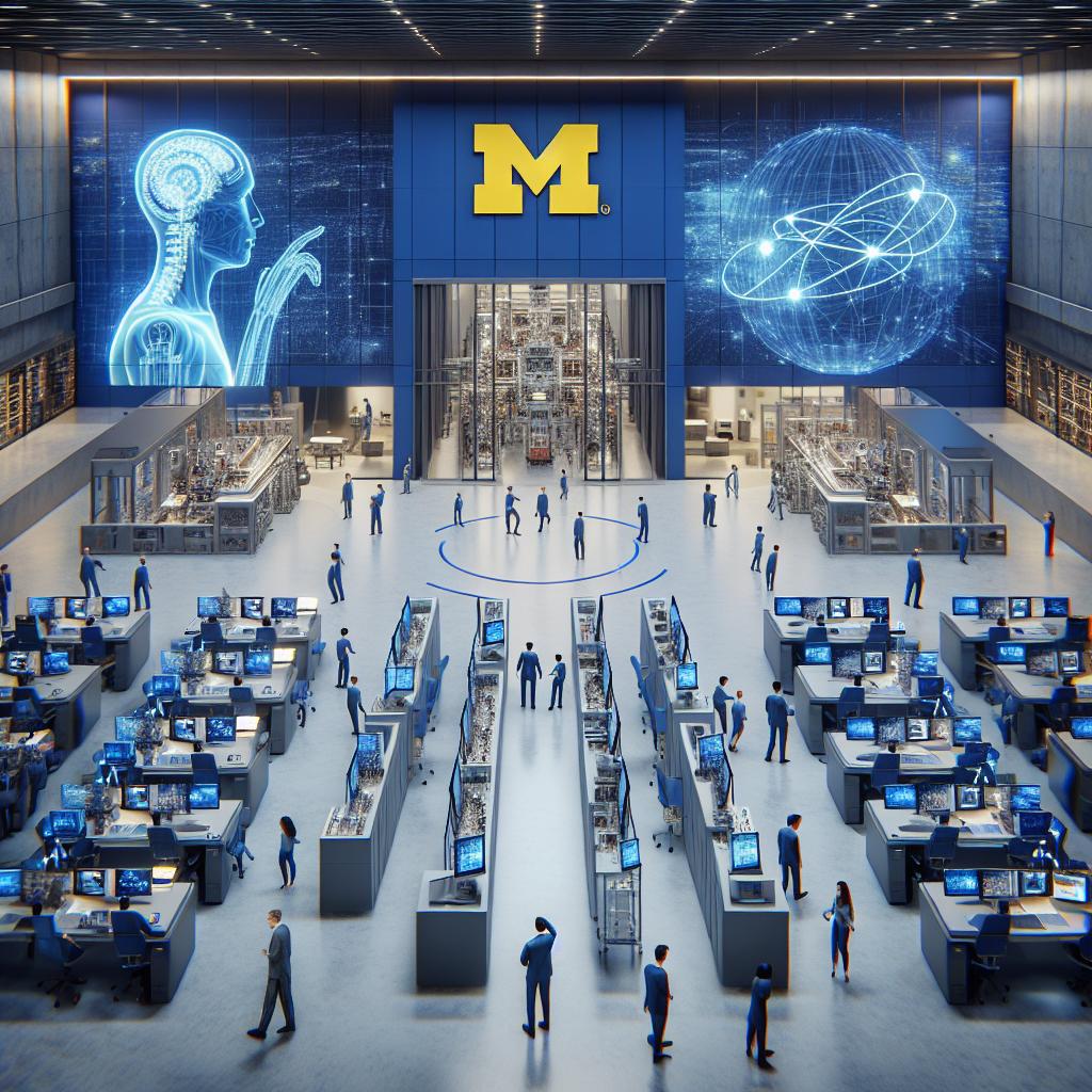 Futuristic research and innovation hub at the University of Michigan. The space features the iconic maize "M" logo prominently on the wall, with vibrant, high-tech displays including a digital human brain and a globe, symbolizing artificial intelligence and global connectivity. The area is filled with workstations, computers, and research equipment, with individuals collaborating and working. 