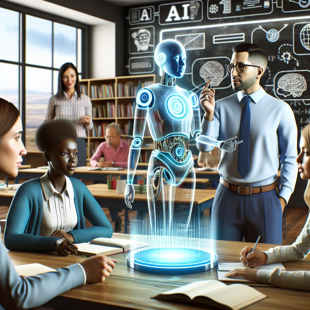 A classroom setting where students and a teacher engage with a holographic AI representation.  The teacher gestures toward the AI, explaining concepts, while the diverse group of attentive students takes notes, suggesting an educational environment focused on AI integration and collaboration. The background features bookshelves, a chalkboard filled with AI-related diagrams, and an expansive window allowing natural light to enter.