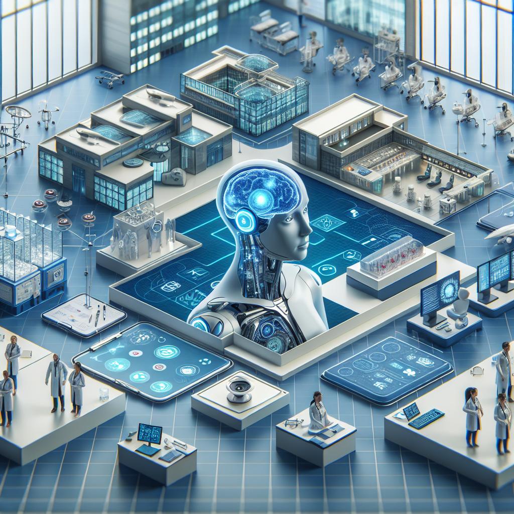 A futuristic medical research facility with a large humanoid AI figure integrated into a high-tech digital interface at the center. 