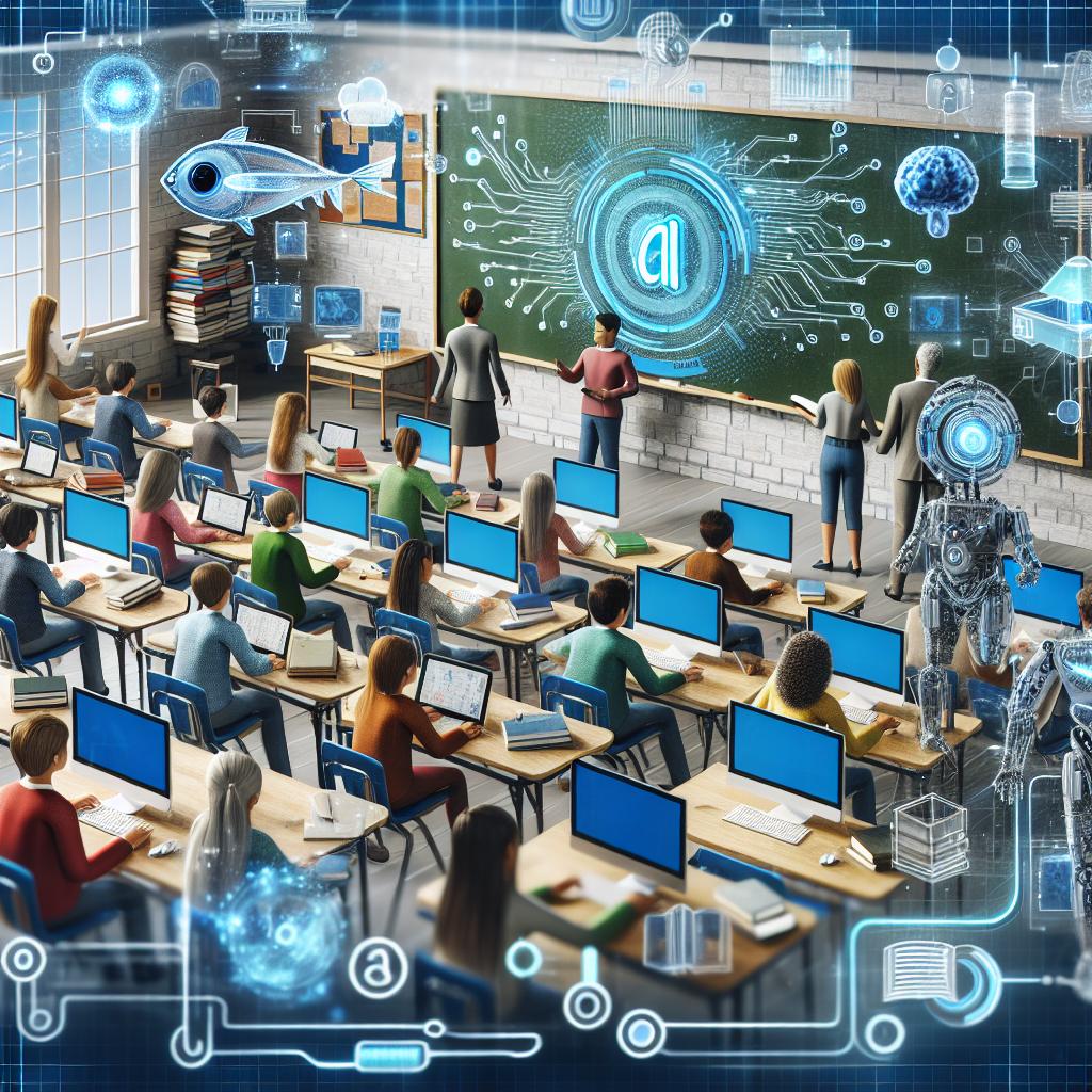 A futuristic classroom where students are seated at desks equipped with laptops, engaging in an AI-driven learning environment. At the front, a teacher and a student stand near a large chalkboard displaying a glowing AI symbol with digital circuit patterns. The room is filled with holographic projections of scientific concepts, including a robotic assistant and a floating digital fish. The walls are lined with books and digital screens, symbolizing the integration of traditional and AI-powered education.