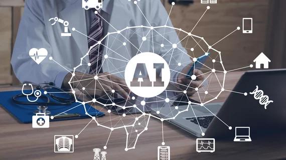 An individual at a desk looking at his phone with his laptop in front of him. Overlaying the whole image is a large outline of a brain with "AI" in the middle. 