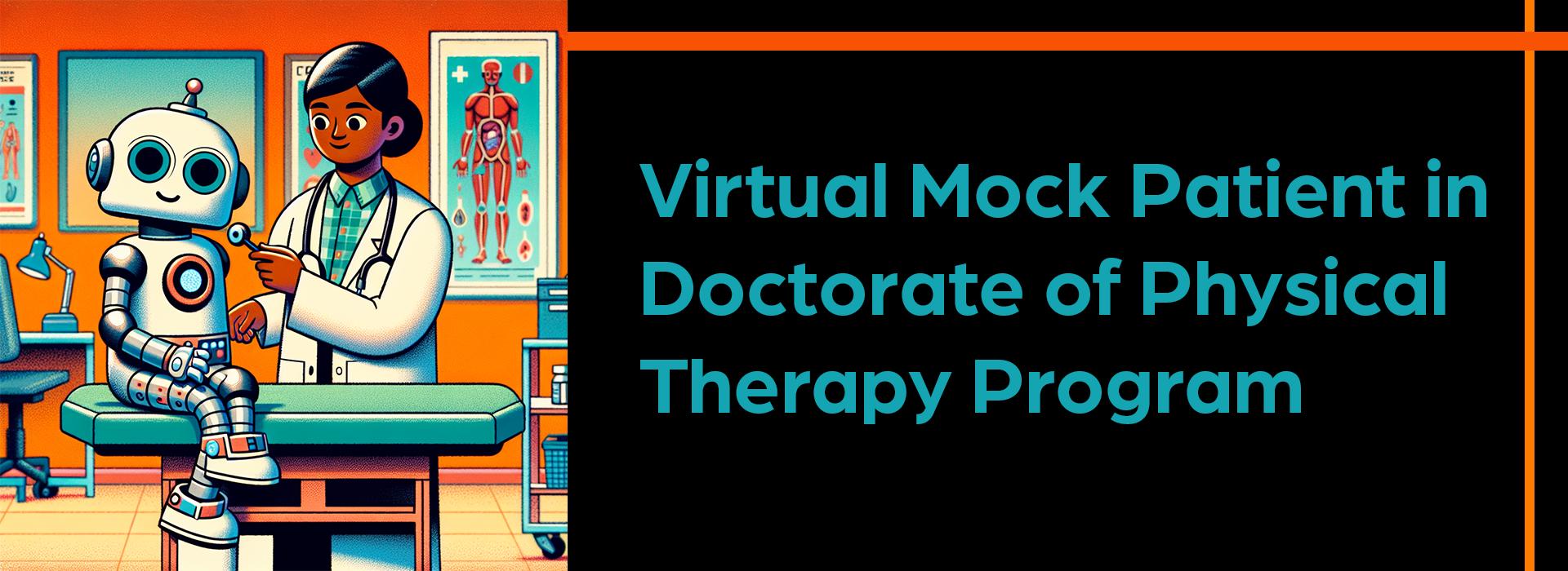 orange, blue, and black color scheme banner with a cartoon depiction of a robot sitting on a medical bed in a doctor's office, being examined.