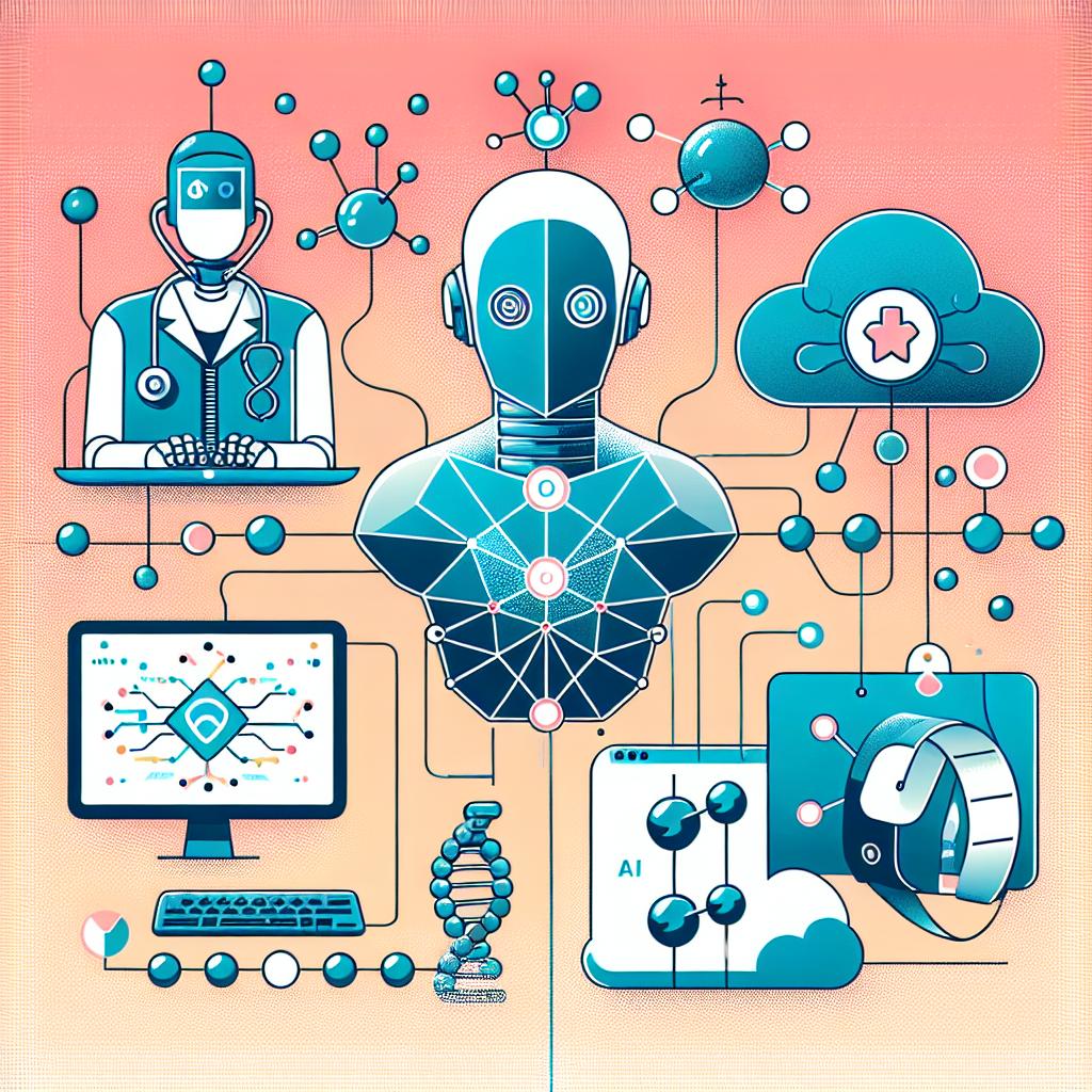 Colorful illustration of AI in healthcare, featuring a central robot surrounded by connected icons: a doctor robot, cloud storage, DNA helix, smartwatch, computer with data visualization, and molecular structures, symbolizing AI integration in medical technology and diagnostics.