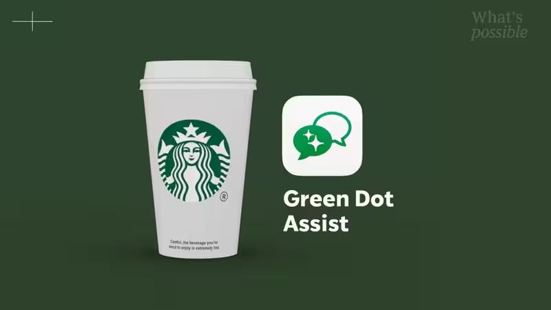 A Starbucks cup with the logo is on the left, and a "Green Dot Assist" icon with a star is on the right. Background text reads "What's possible."