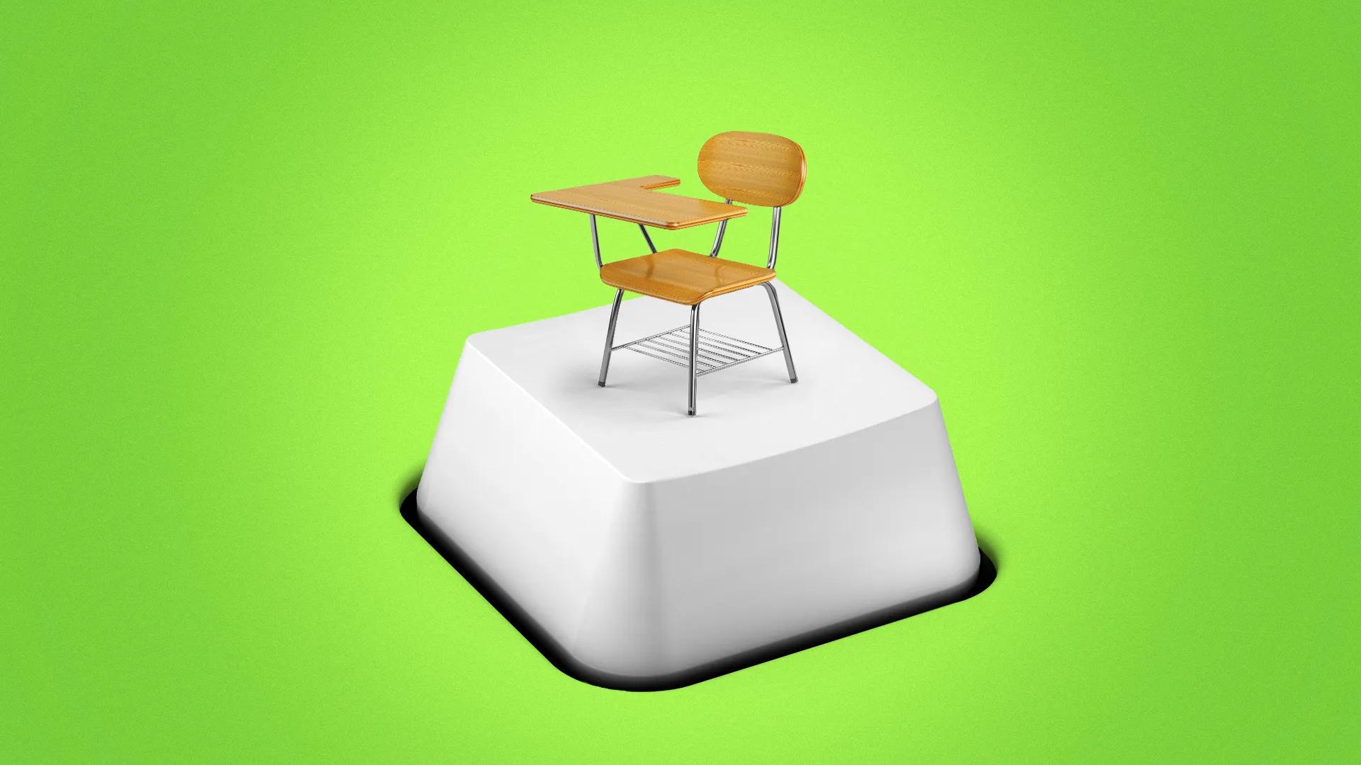 A wooden school desk with a metal frame is placed on top of a large white keyboard key, set against a bright green background.