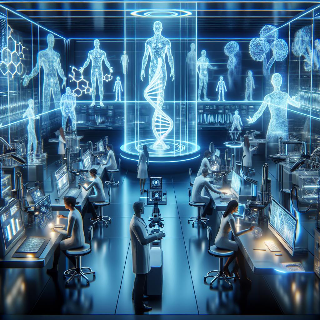 Scientists work in a futuristic laboratory filled with holographic human figures, DNA strands, and high-tech digital interfaces. The environment glows with blue light, showcasing advanced biotechnology and AI-driven research. 