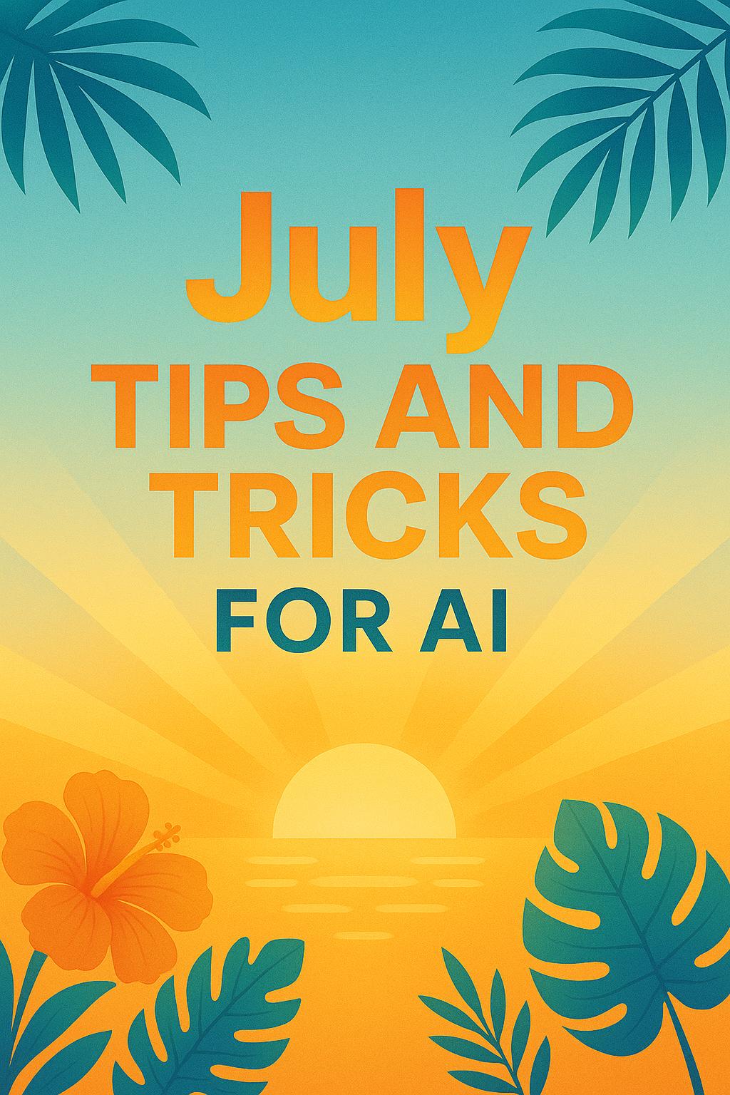 A vibrant tropical-themed graphic with bold text reading “July Tips and Tricks for AI” set against a sunrise background with palm leaves and summer flowers.