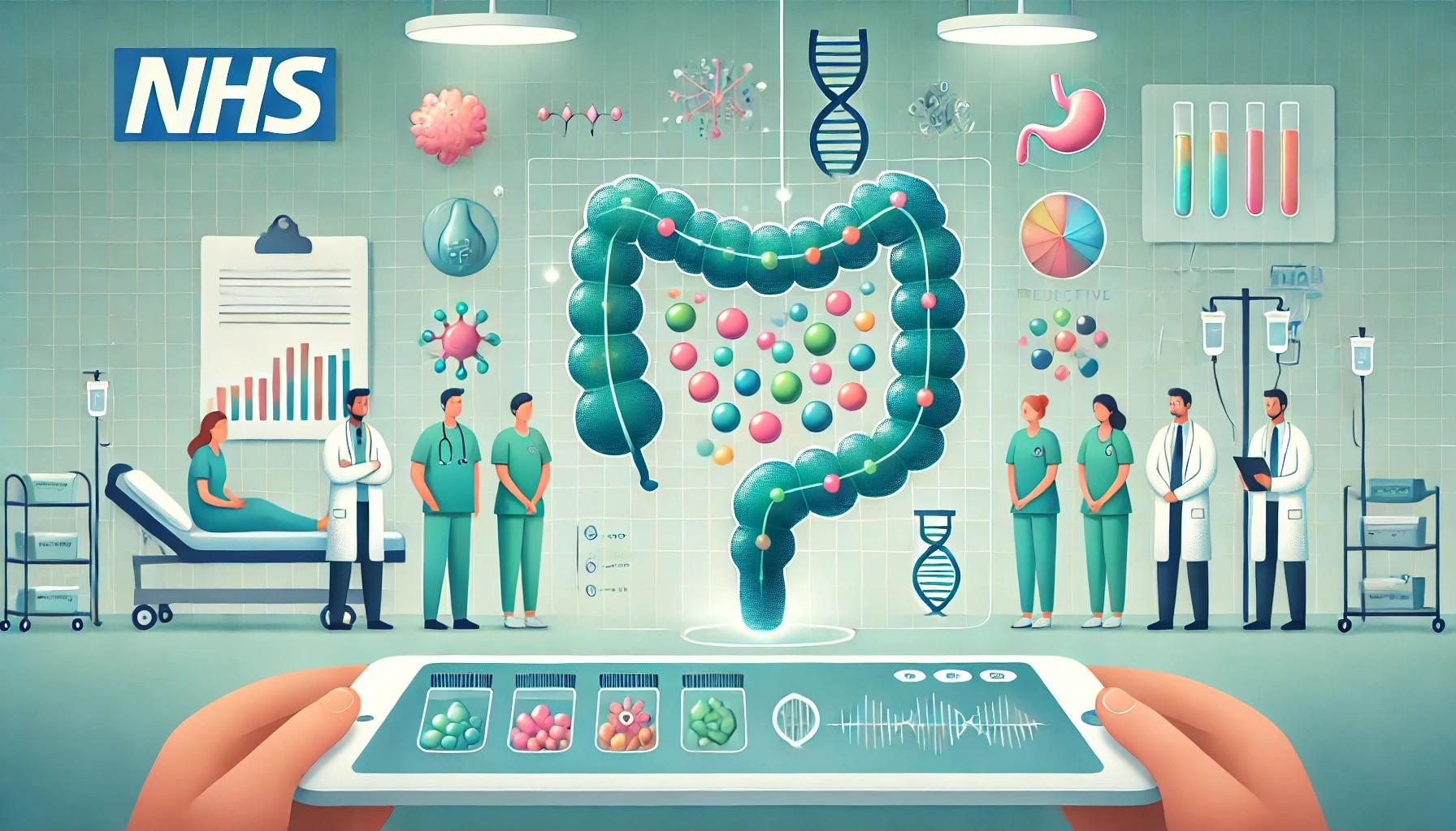 A cartoon hospital scene shows clinicians using an AI-powered interface to analyse a simplified diagram of the colon alongside colourful data and DNA symbols. The illustration conveys how artificial intelligence can help predict bowel cancer patients’ responses to treatment in a calm, modern clinical setting.