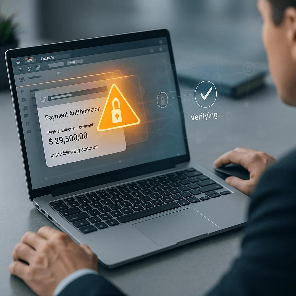 A person using a laptop to approve a payment, with a large warning icon and a “Payment Authorization” message showing $29,500, alongside a “Verifying” checkmark indicator on the screen, suggesting a secure or potentially risky transaction process.