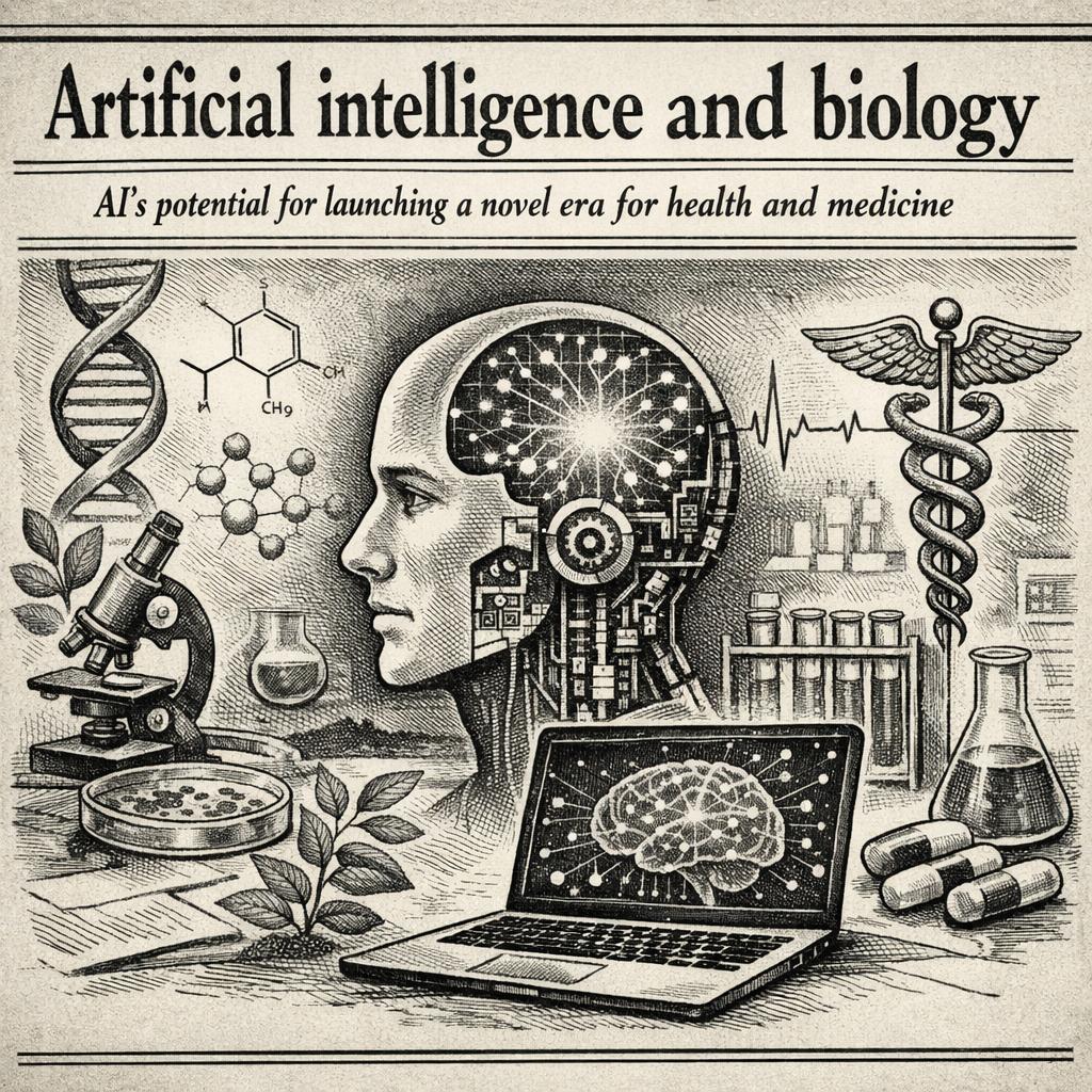 A vintage-style illustration titled “Artificial intelligence and biology,” depicting a human head with a glowing, circuit-like brain surrounded by scientific imagery including DNA strands, a microscope, chemical structures, lab equipment, pills, and a laptop displaying a neural network, symbolizing the intersection of AI and medical science.