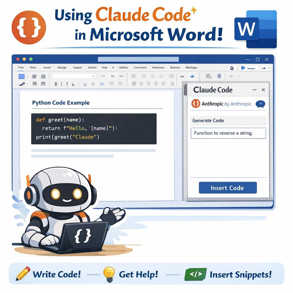  Promotional graphic showing Microsoft Word with a “Claude Code” add-in panel (Anthropic) that can generate and insert code. A Word document displays a Python “greet” function example, and a small robot mascot sits at a laptop. Headline reads “Using Claude Code in Microsoft Word!” with the Word logo; footer icons say “Write Code!”, “Get Help!”, and “Insert Snippets!”.