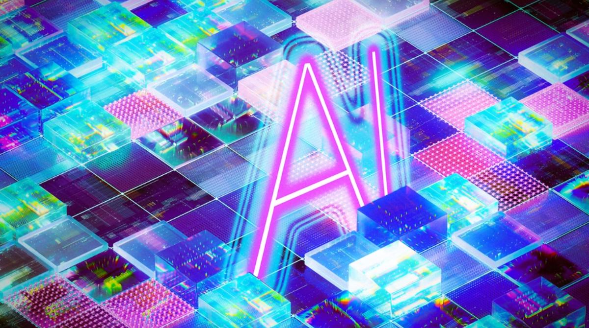 Neon pink letters "AI" surrounded by neon dark and light blue, black, pink, and purple glowing squares