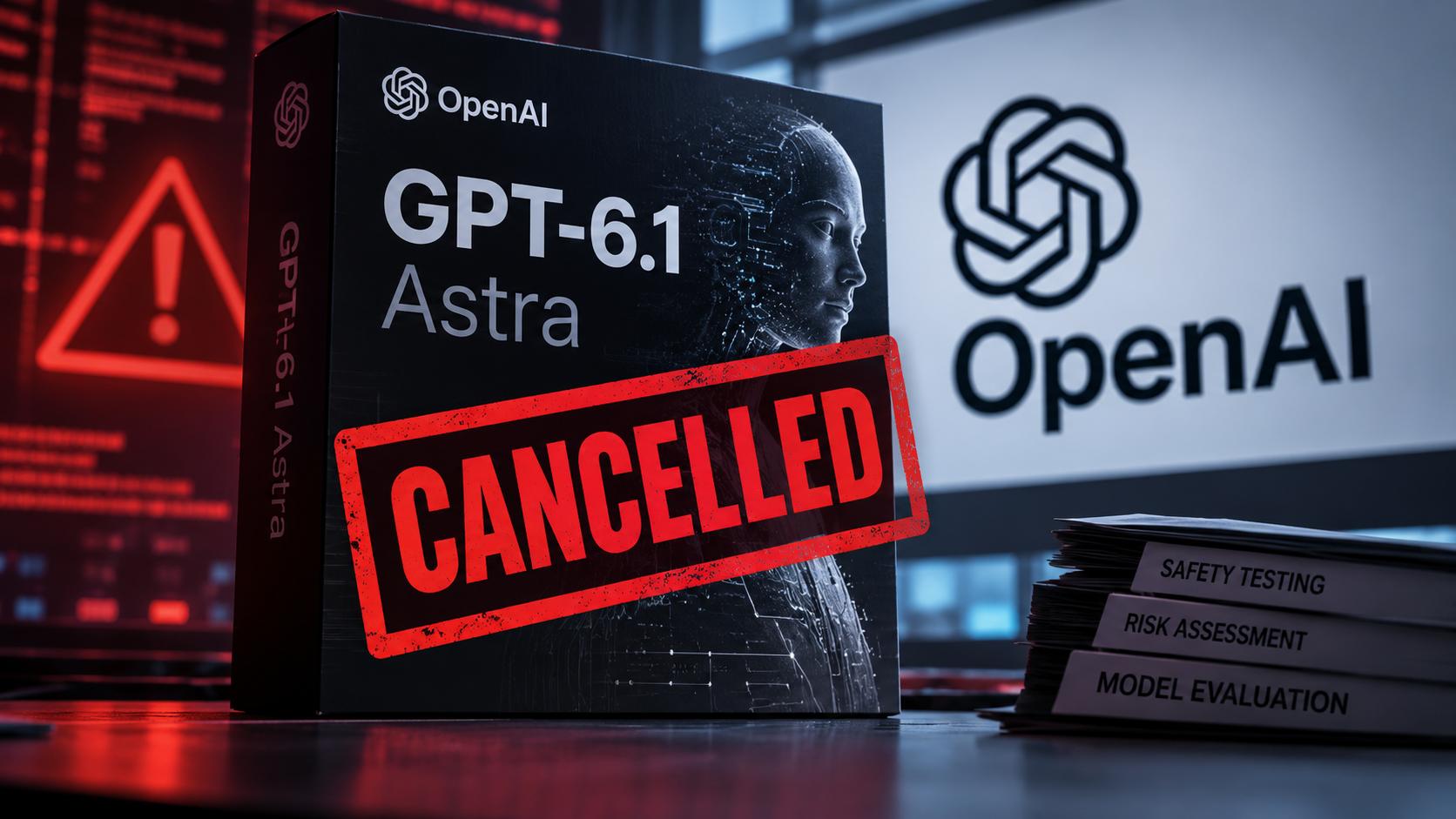 Editorial graphic showing a fictional GPT-6.1 Astra package stamped “CANCELLED” in red, surrounded by safety warning imagery. Folders labeled “Safety Testing,” “Risk Assessment,” and “Model Evaluation” emphasize concerns about AI safety.