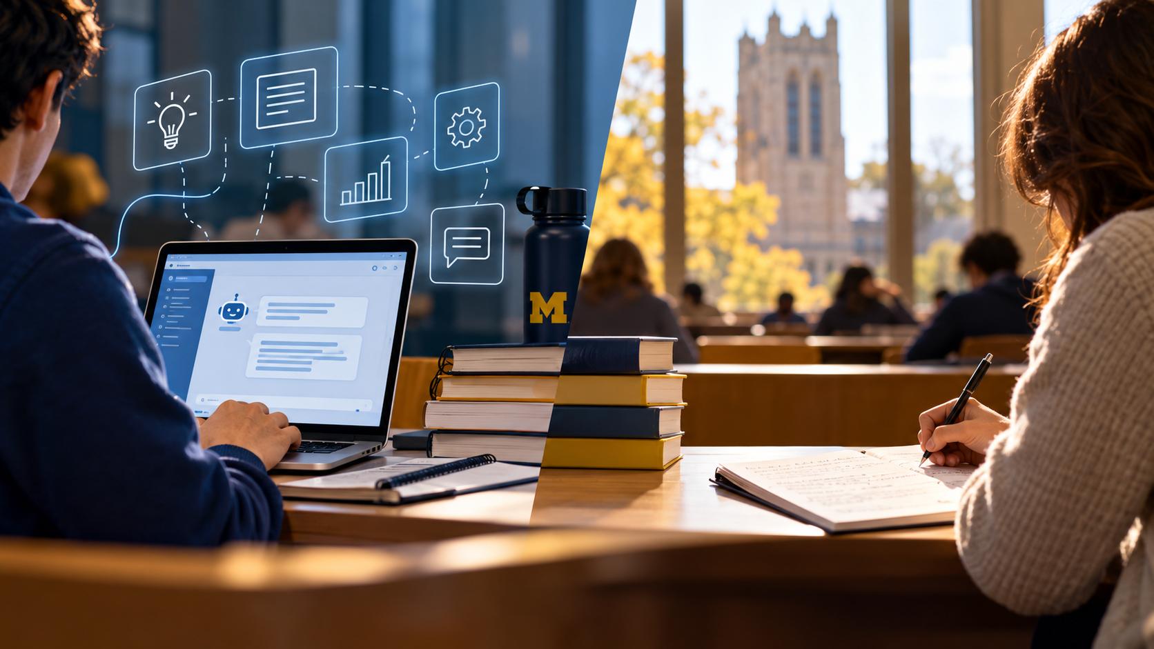Students work side by side in a university setting, one using an AI assistant on a laptop and the other writing independently in a notebook. The split scene contrasts AI-supported learning with traditional academic work, reflecting the evolving role of AI in higher education.