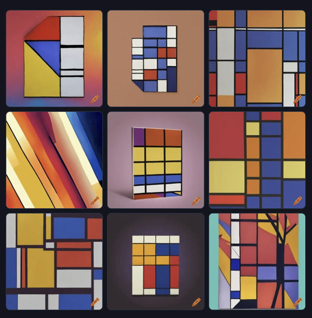Craiyon image of Ann Arbor in the style of Piet Mondrian