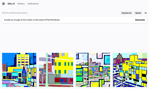 DALL-E image of Ann Arbor in the style of Piet Mondrian